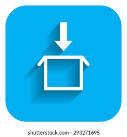 Icon of download sign with open carton box and downward arrow 