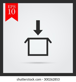 Icon of download sign with open carton box and downward arrow 