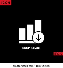 Icon Drop chart with arrow down vector black background. Illustration flat glyph icon for graphic, print media interfaces and web design
