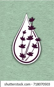 Icon with a drop of lavender essential oil. Lavender essential oil logo. Aromatherapy logo. Material design, paper textured.