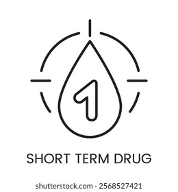 An icon of a drop with the number one inside a target in vector, symbolizing precision or single dose short term drug, with an editable stroke.