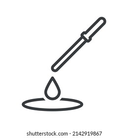 Icon drop from a pipette. A simple line drawing of a pipette and a drop falling from its spout. Vector over white background.