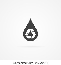 Icon of drop with recycle sign inside. Shadow and white background.