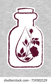  Icon with a drop of rose essential oil. A bottle with essential oil of rose flower (flat icon). Rose flower essential oil logo. Aromatherapy logo. Material design, paper textured.