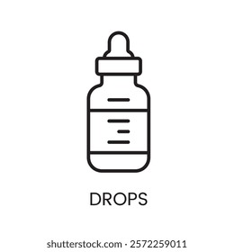 An icon of a dropper bottle with a labeled section in vector, symbolizing liquid medications or eye drops, with an editable stroke.