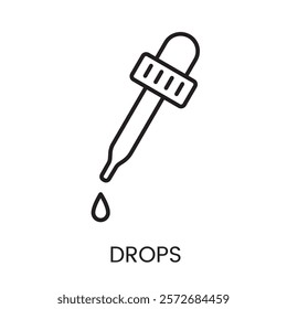 An icon of a dropper releasing a droplet in vector, representing precise dosage for liquid medications, with an editable stroke.