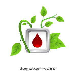 icon of drops of blood on the background of a green plant