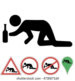 Icon a drunk man crawling on his knees for a bottle of alcohol, prohibition sign, a pointer, permits, warning signs, Vector illustration for print or website design.
