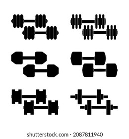 The icon of dumbbells of different types and sizes for sports on a white background. Vector image.