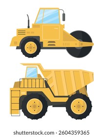 Icon of dump truck and road roller on white background. Construction and road transport.