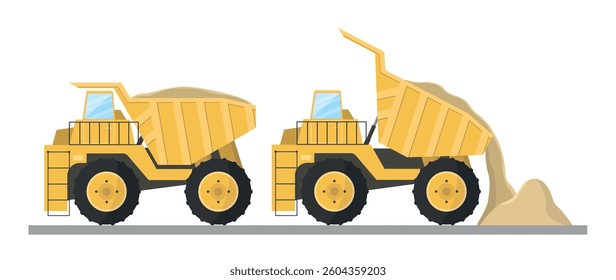 Icon of a dump truck with sand, and a dump truck unloading sand. Transportation, unloading of sand.