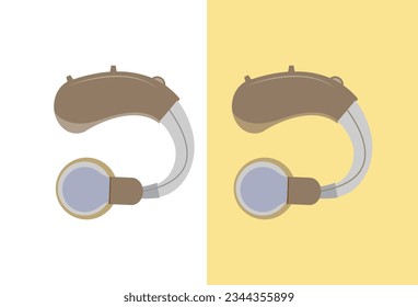 icon of an ear with a hearing aid is depicted in isolation against a white background. This flat vector illustration captures the appearance of a hearing aid device integrated with an ear illustration