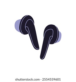 Icon of earbuds. Black in ear headphones to listen music, audio records, podcasts. Little wireless earphones. Smartphone accessory for melodies. Flat isolated vector illustration on white background