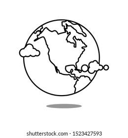 Icon of earth. Globe icon with clouds. Outline thin line. Isolated on white background. 
