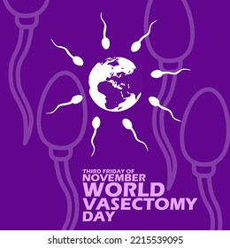 Icon of an earth surrounded by sperm with bold text on dark purple background to commemorate World Vasectomy Day on Third Friday of November