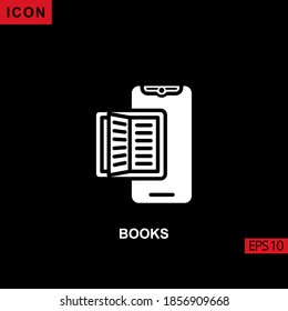 Icon e-book online with phone vector on black background. Illustration Filled, glyph or flat icon for graphic, print media interfaces and web design.