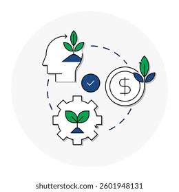 Icon for eco economy, green economy, sustainable innovation, eco mindset, coin with leaf, gear with leaf, head with leaf, green business, eco innovation, green finance, green entrepreneurship.