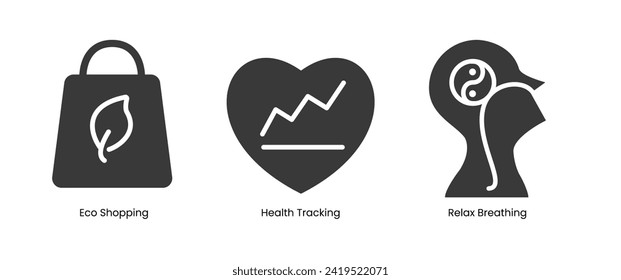 Icon of eco shopping health tracking and relax breathing