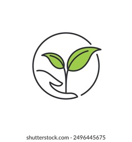 Icon eco-friendly tag. Symbol that labeling product that has been made from natural sources. It means environmental friendly no harm for the earth. Illustrated by hand holding green plant in circle.