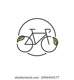 Icon for eco-friendly transportation. Illustration of bicycle with green leaves as its wheel covered in circle. It means it has less impact that can cause harm or pollution to environment.