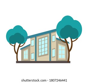 Icon of an ecological house in green bushes and design elements. Cute house, drawn in cartoon style, isolated on a white background. Vector illustration in a flat style.