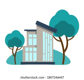 Icon of an ecological house in green bushes and design elements. Cute house, drawn in cartoon style, isolated on a white background. Vector illustration in a flat style.
