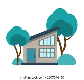 Icon of an ecological house in green bushes and design elements. Cute house, drawn in cartoon style, isolated on a white background. Vector illustration in a flat style.