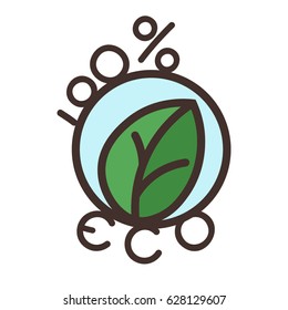 Icon of ecologically pure product is 100%. Green leaf in a circle