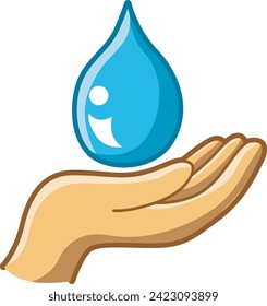 Icon of Ecology for safe earth. Human hand holding water drop clip art in flat line. Save water icon. Drop in hand. Drop, ecology, environtment, protection, save, water icon. Blue water elements.