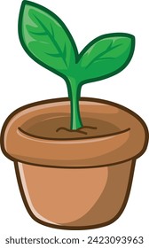 Icon of Ecology for safe earth. Illustration sprout pot indoor. Sprout in ceramic pot stock vector. Plant in a clay pot leaves flower stem green. Plant and soil free icons.