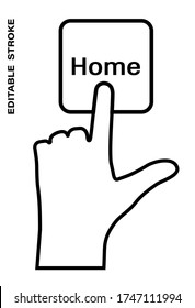 Icon editable stroke, human hand presses the keyboard button Home with the index finger. Getting help, additional information. Isolated vector on white background