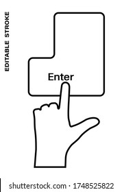Icon editable stroke, human hand presses the keyboard button Enter with the index finger. Getting help, additional information. Isolated vector on white background