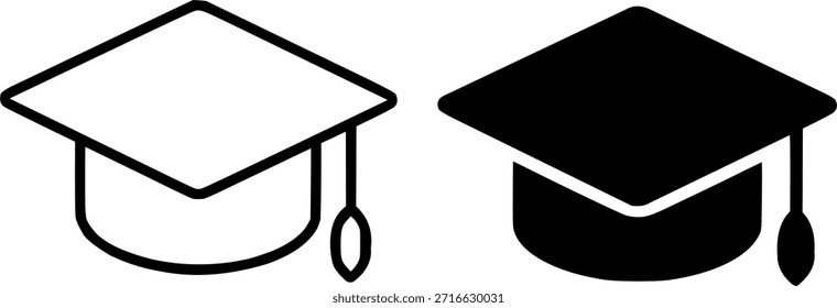 Icono para la educación, ilustración del casquillo de la graduación, esquema y versiones de la silueta
