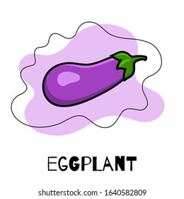 Icon of eggplant, vegetables. Modern and bright illustration of a eggplant in the flat style with text and graphic elements.