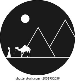 Icon of the Egyptian pyramids with a Bedouin leading a camel. Vector, cartoon illustration. Vector.