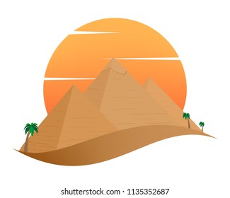The icon with the Egyptian Pyramids of Giza in the Sand with orange sun in the background of palm trees with brown trunk with green leaves on a white background 