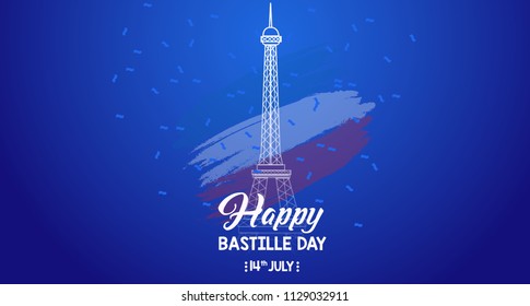 Icon eiffel Lettering 14th july happy bastille day with blue background