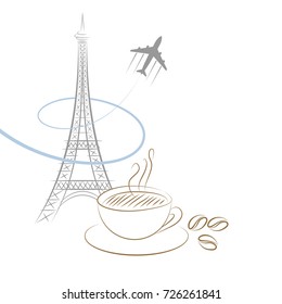 Icon of Eiffel tower with aircraft and cup of coffee on white background. Vector illustration