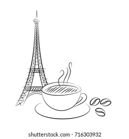 Icon of Eiffel tower and cup of coffee on white background. Vector illustration