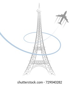 Icon of Eiffel tower and plane on white background. Vector illustration