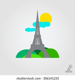 Icon of Eiffel tower sight with park, sun and clouds