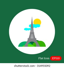 Icon of Eiffel tower sight with park, sun and clouds