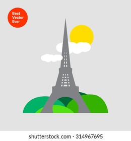 Icon of Eiffel tower sight with park, sun and clouds