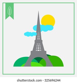 Icon of Eiffel tower sight with park, sun and clouds