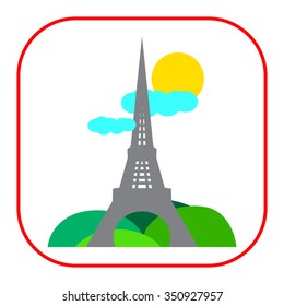 Icon of Eiffel tower sight with park, sun and clouds