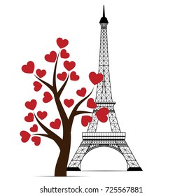 Icon of Eiffel tower with tree and hearts on white background. Vector illustration