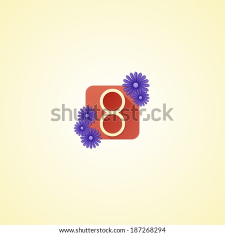 icon with eight flat and blue flowers on a red substrate with long shadow