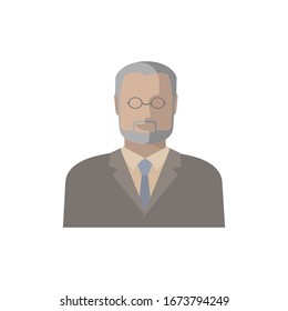 icon elderly, intelligent man with glasses and formal suit, a Professor, gentleman. Male avatar in flat style. Isolated vector illustration