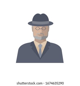 icon elderly, intelligent man with glasses, a hat, and a formal suit, a Professor, a gentleman. Male avatar in a flat style. Isolated vector illustration