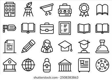 icon of E-Learning, University, Teacher, Audio Book, Graduation and More. editable stroke outline icons set. vector illustration.